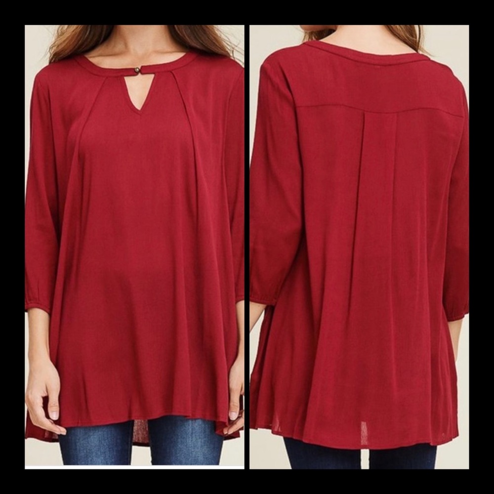 SOLID CUTOUT NECK WOVEN TUNIC TOP